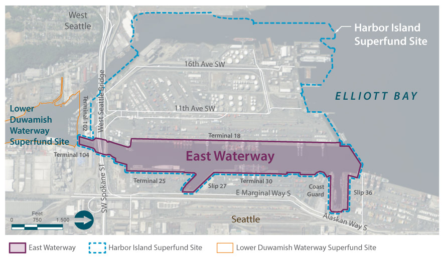 Map showing the location of the East Waterway, the Lower Duwamish Superfund Site, and the Harbor Island Superfund site.