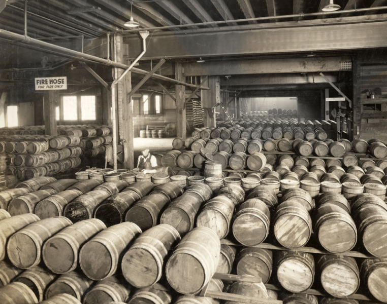 o Warehouse of barrels of Herring and Salmon at Port facilities (FT to be exact) circa 1930s, showing how cargo was stored and moved pre container