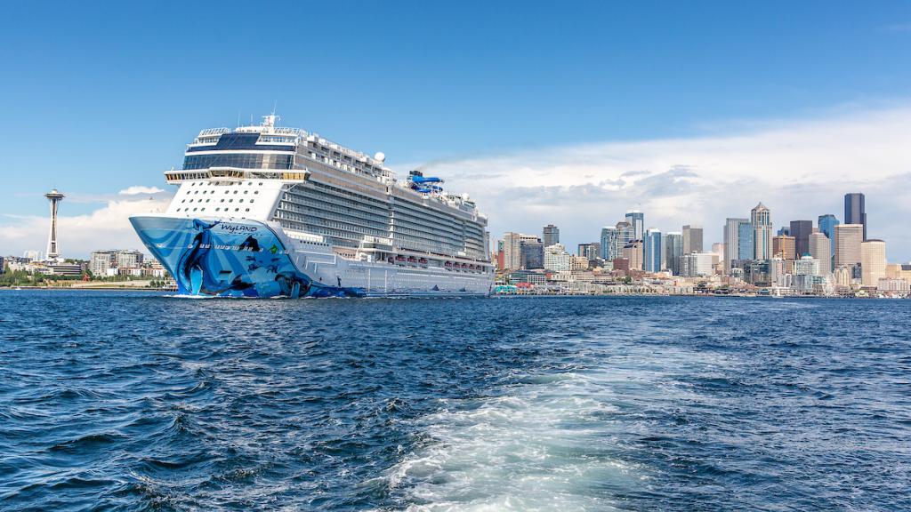 Cruise ship sailing away from Seattle