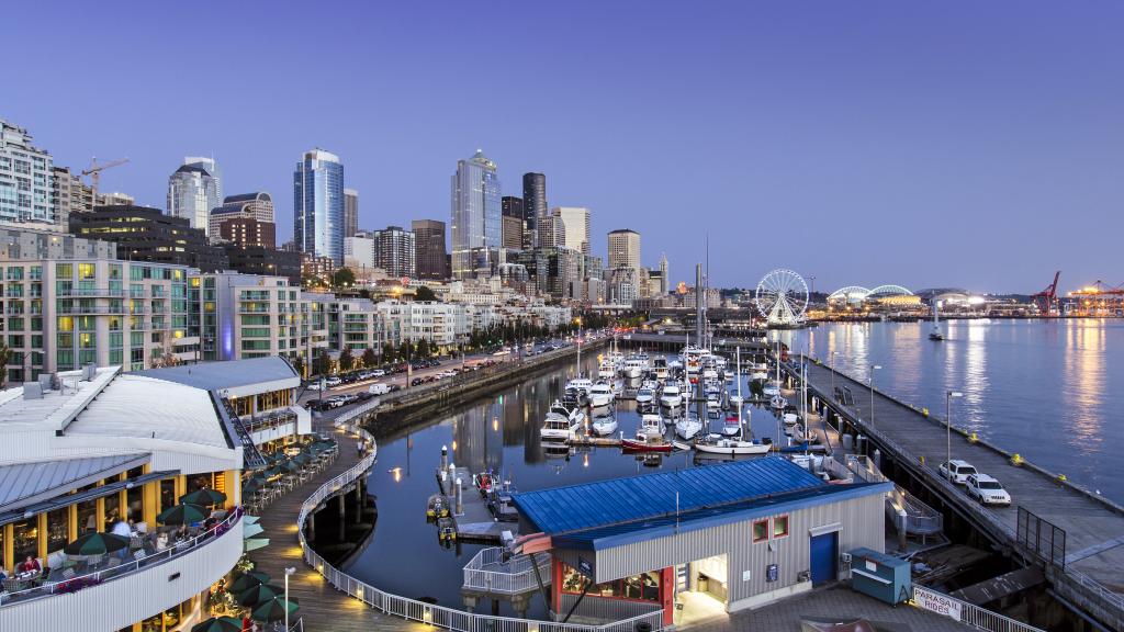 Aerial image of Bell Harbor Marina with Seattle skyline